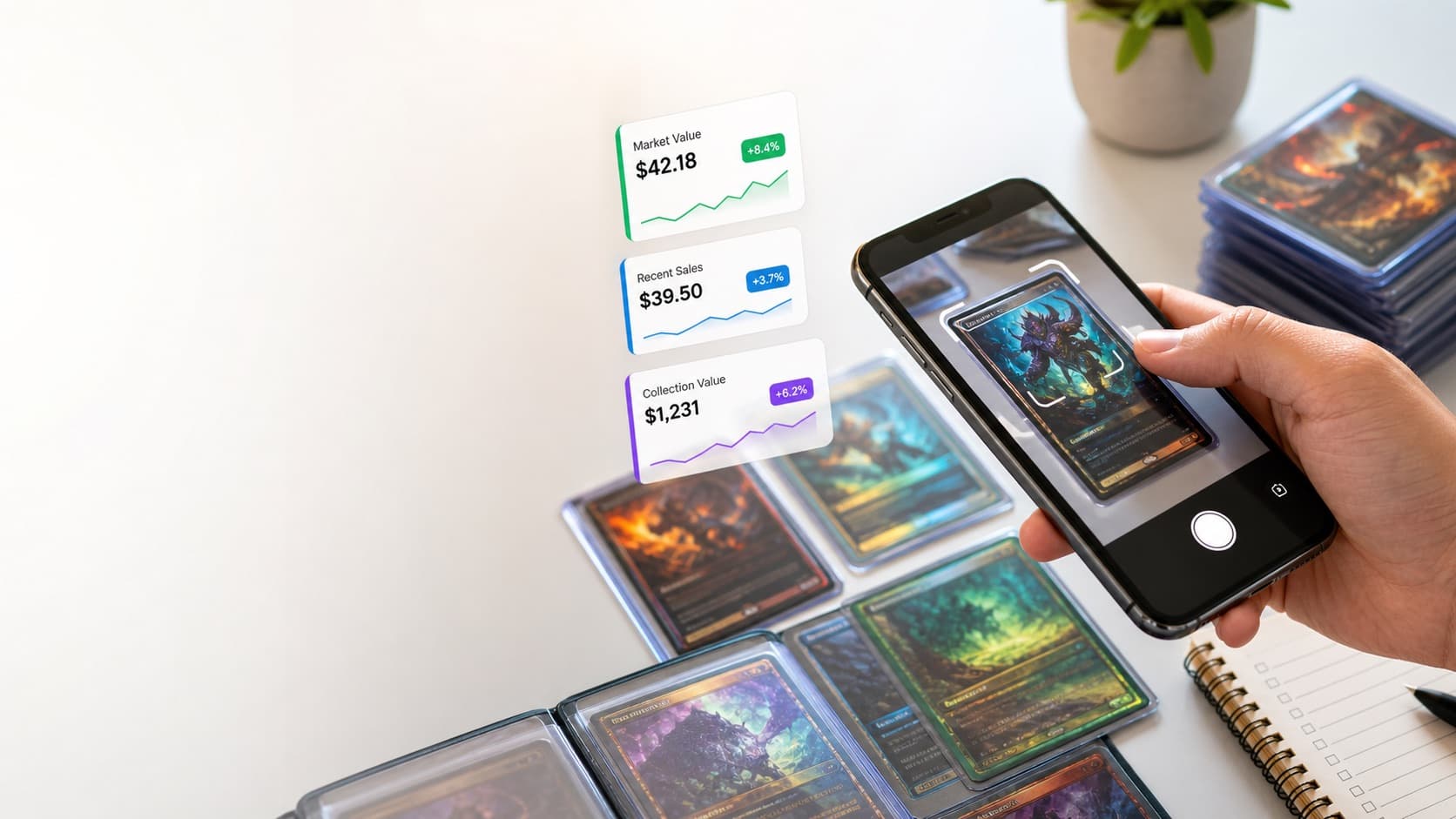 Phone scanning trading cards on a desk